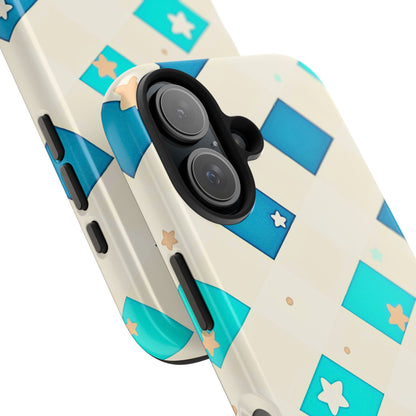 Modern Preppy Checkered Teal Stars Tough Phone Case | Aesthetic