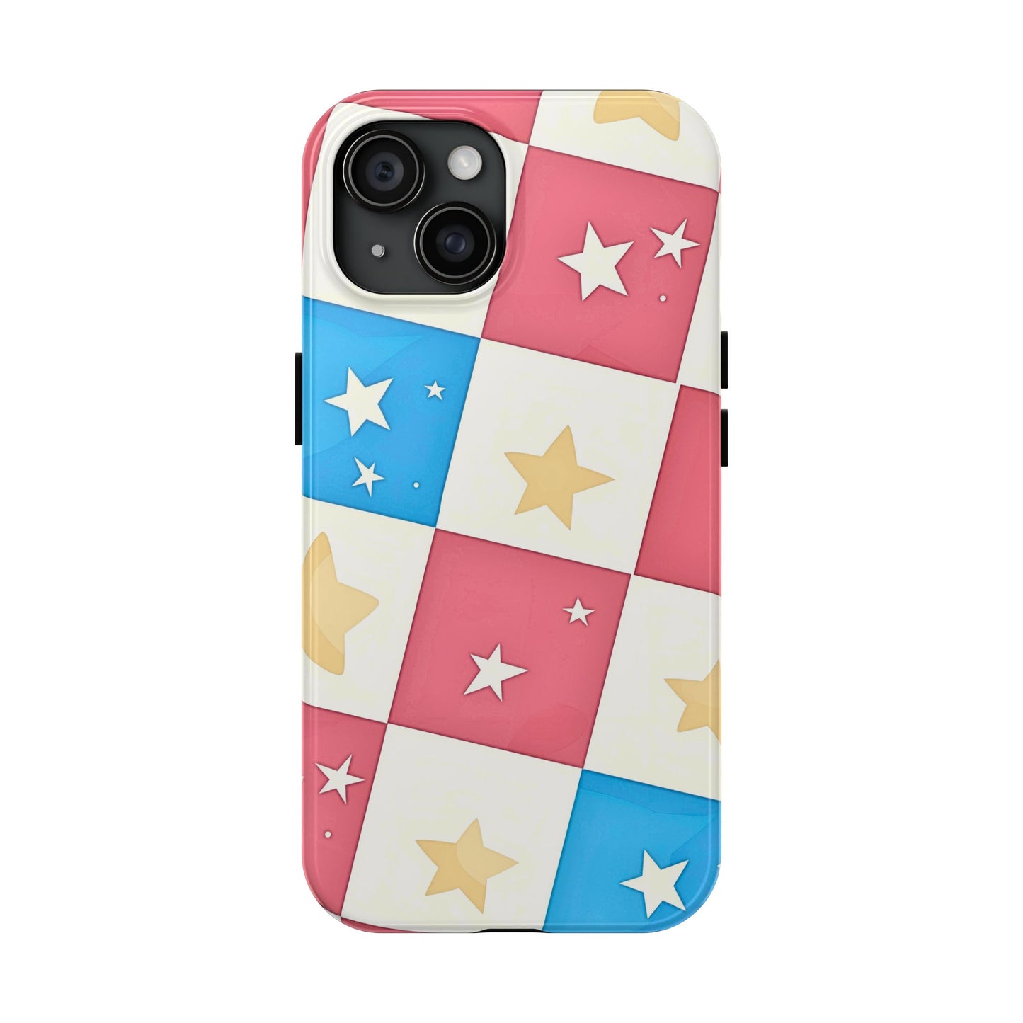 Preppy Checkered Pink & Blue Yellow Stars Tough Phone Case | Aesthetic