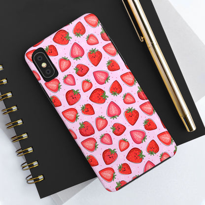 Kawaii Strawberry Cartoon Pattern Pink Aesthetic Tough Phone Case | Food