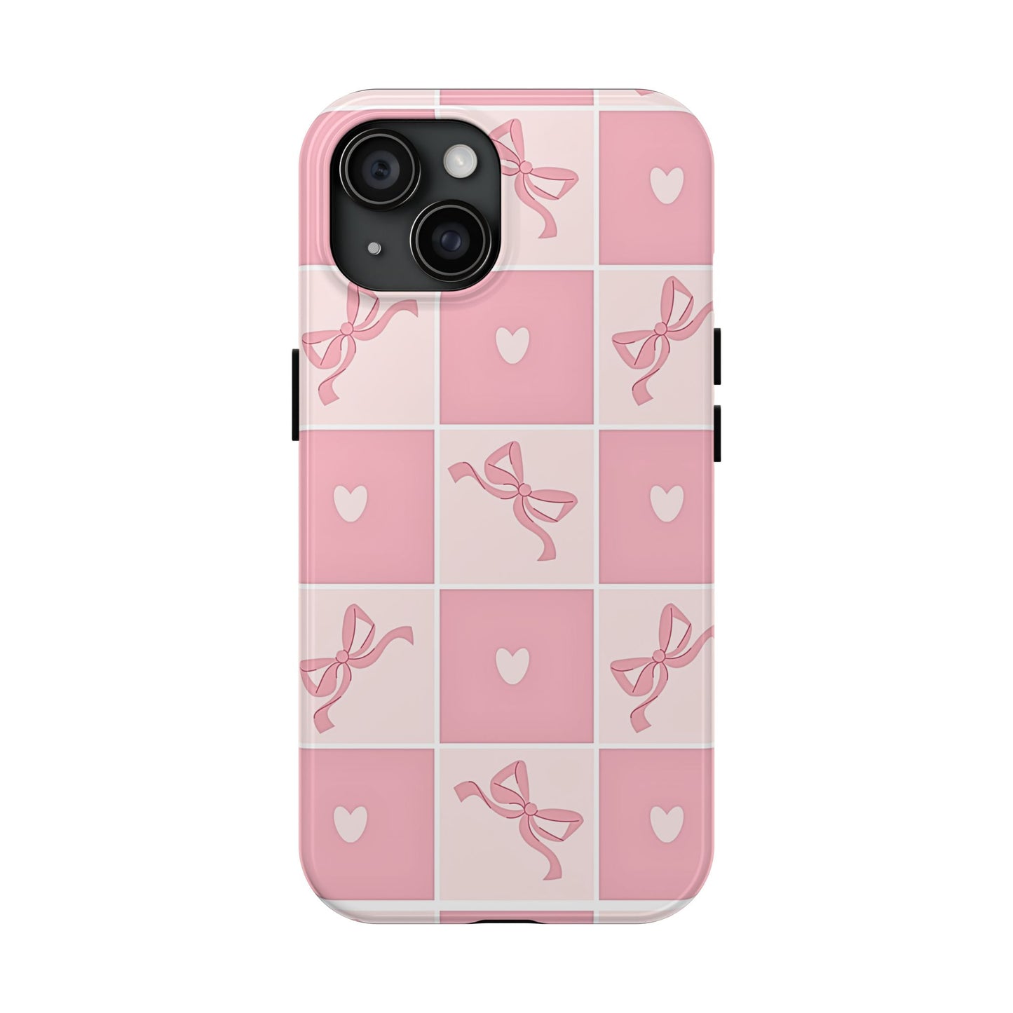 Girly Pink Bow and Heart Grid Pastel Tough Phone Case | Aesthetic