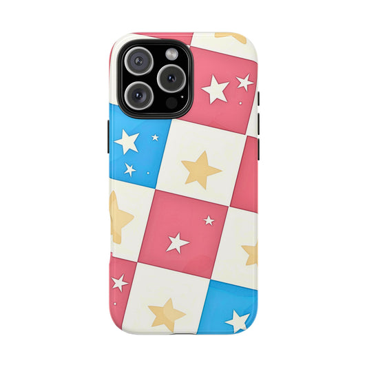 Preppy Checkered Pink & Blue Yellow Stars Tough Phone Case | Aesthetic