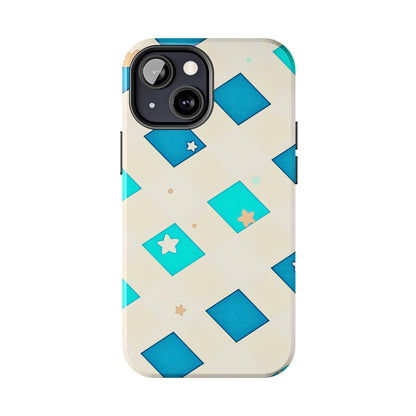 Modern Preppy Checkered Teal Stars Tough Phone Case | Aesthetic