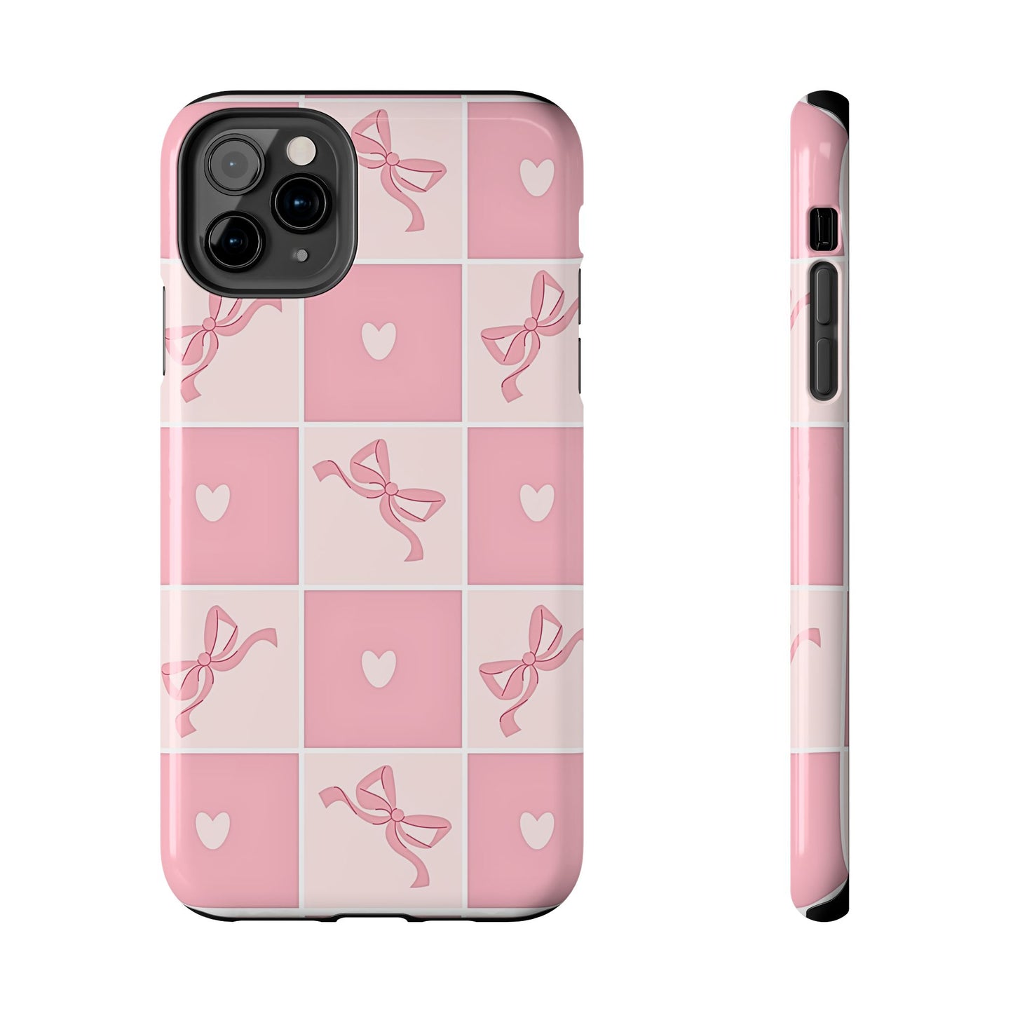 Girly Pink Bow and Heart Grid Pastel Tough Phone Case | Aesthetic