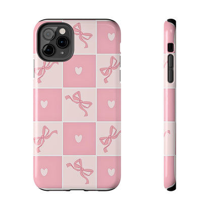 Girly Pink Bow and Heart Grid Pastel Tough Phone Case | Aesthetic