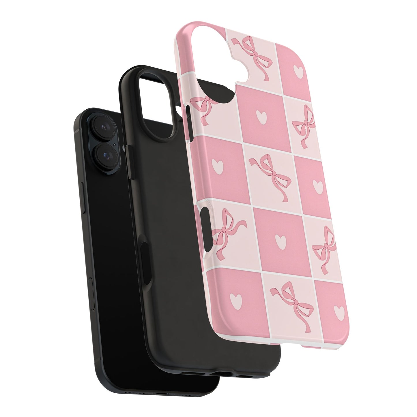 Girly Pink Bow and Heart Grid Pastel Tough Phone Case | Aesthetic