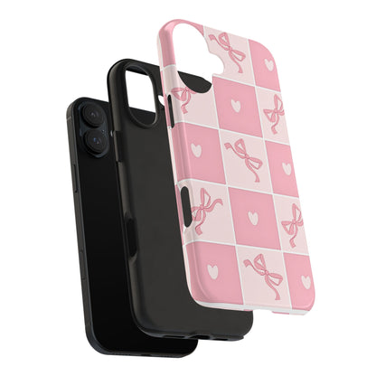 Girly Pink Bow and Heart Grid Pastel Tough Phone Case | Aesthetic