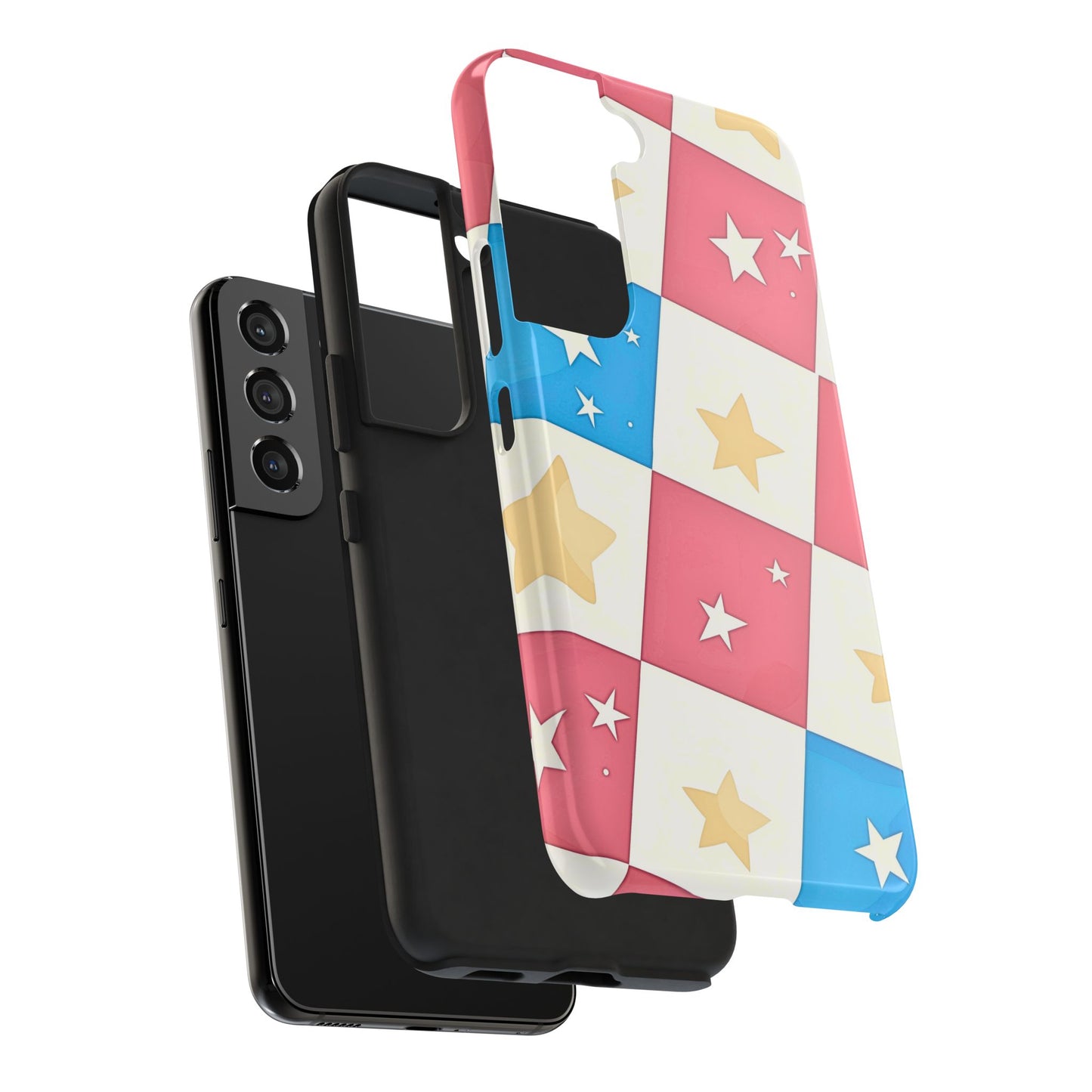 Preppy Checkered Pink & Blue Yellow Stars Tough Phone Case | Aesthetic