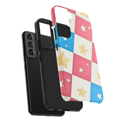 Preppy Checkered Pink & Blue Yellow Stars Tough Phone Case | Aesthetic