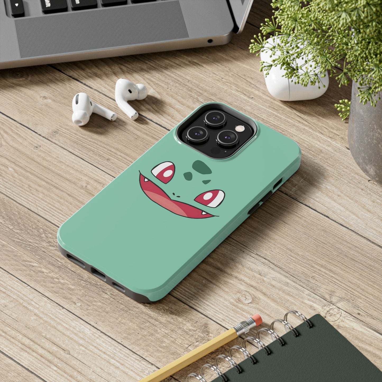 Green Leaf Dino Smile Red Eyes Cute Creature Tough Phone Case | Anime