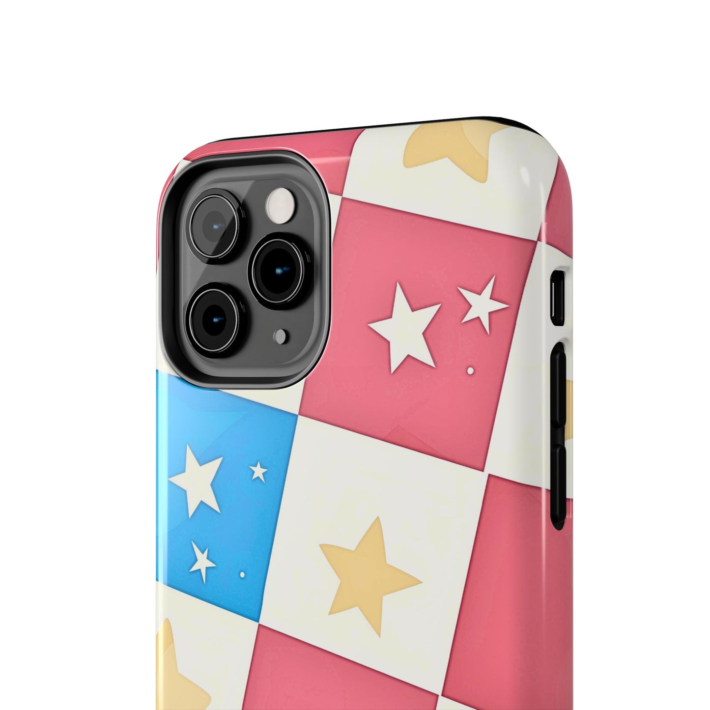 Preppy Checkered Pink & Blue Yellow Stars Tough Phone Case | Aesthetic