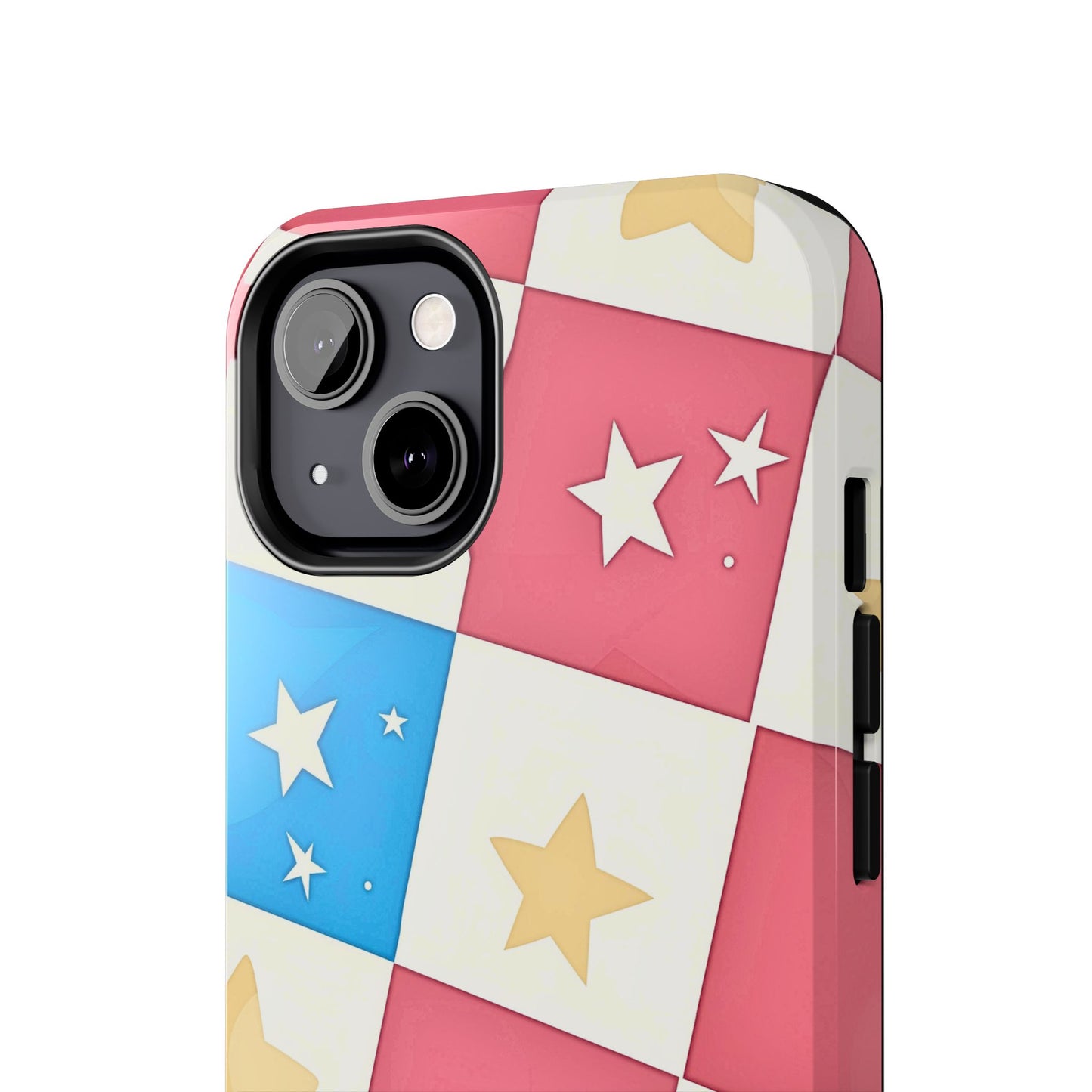 Preppy Checkered Pink & Blue Yellow Stars Tough Phone Case | Aesthetic