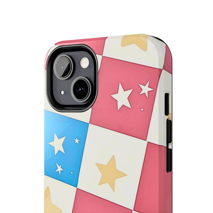 Preppy Checkered Pink & Blue Yellow Stars Tough Phone Case | Aesthetic