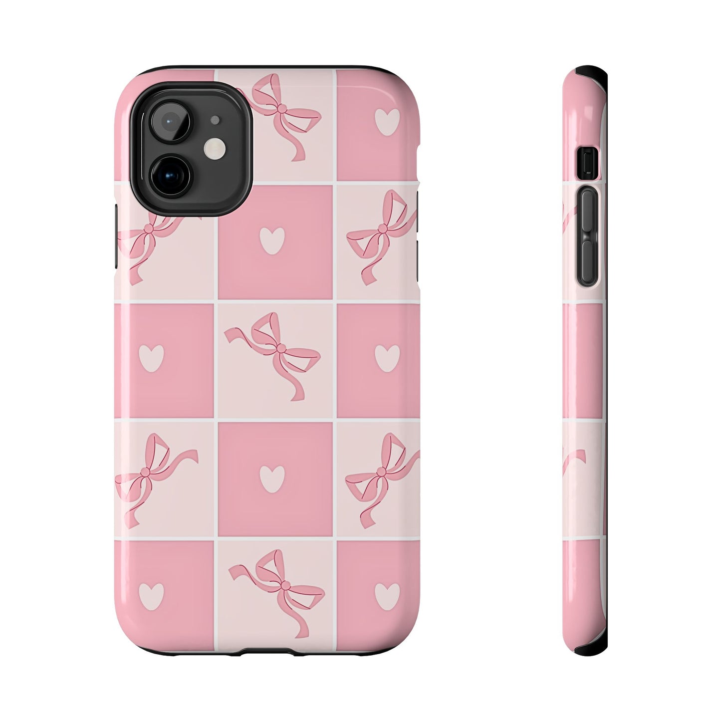 Girly Pink Bow and Heart Grid Pastel Tough Phone Case | Aesthetic