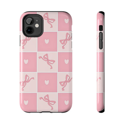 Girly Pink Bow and Heart Grid Pastel Tough Phone Case | Aesthetic