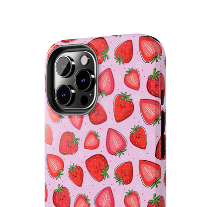 Kawaii Strawberry Cartoon Pattern Pink Aesthetic Tough Phone Case | Food