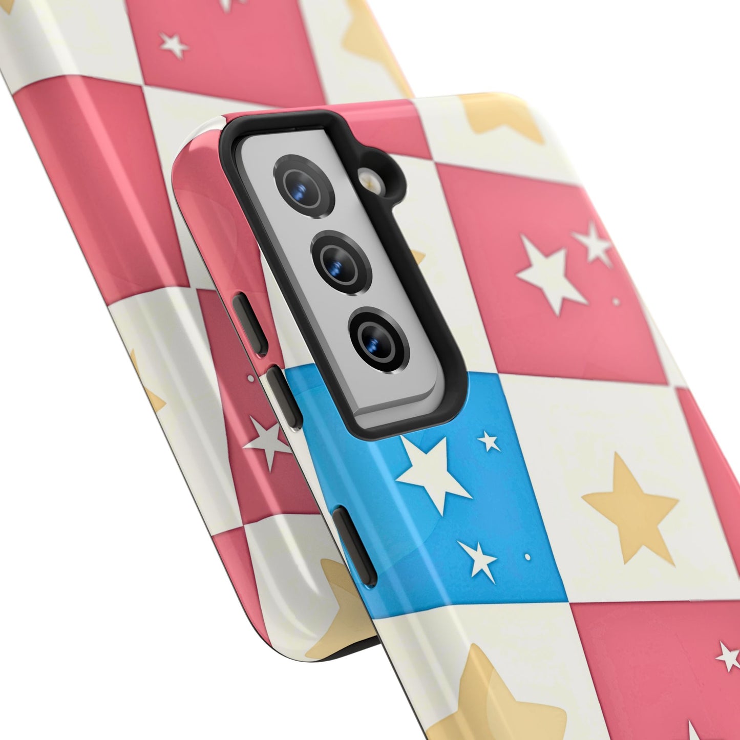 Preppy Checkered Pink & Blue Yellow Stars Tough Phone Case | Aesthetic