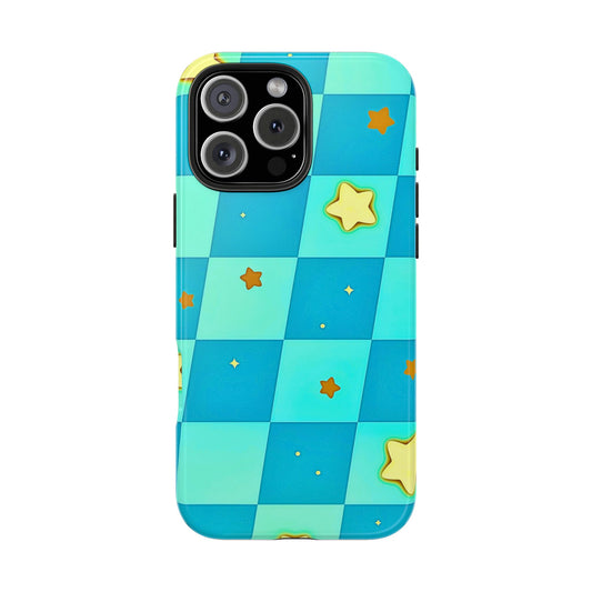 Vibrant Preppy Checkered Blue & Yellow Stars Tough Phone Case | Aesthetic