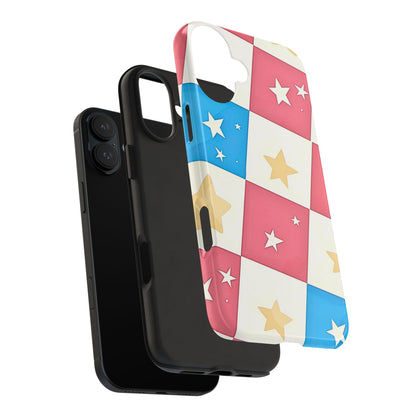 Preppy Checkered Pink & Blue Yellow Stars Tough Phone Case | Aesthetic