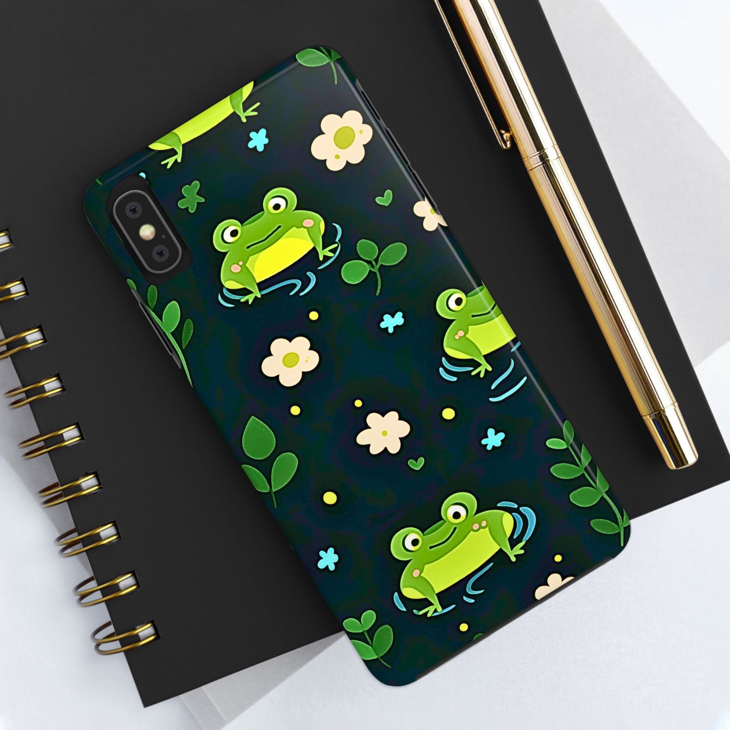 Kawaii Froggy Pattern Black Tough Phone Case | Animals