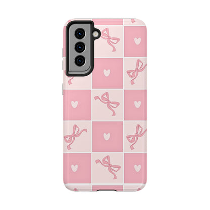 Girly Pink Bow and Heart Grid Pastel Tough Phone Case | Aesthetic