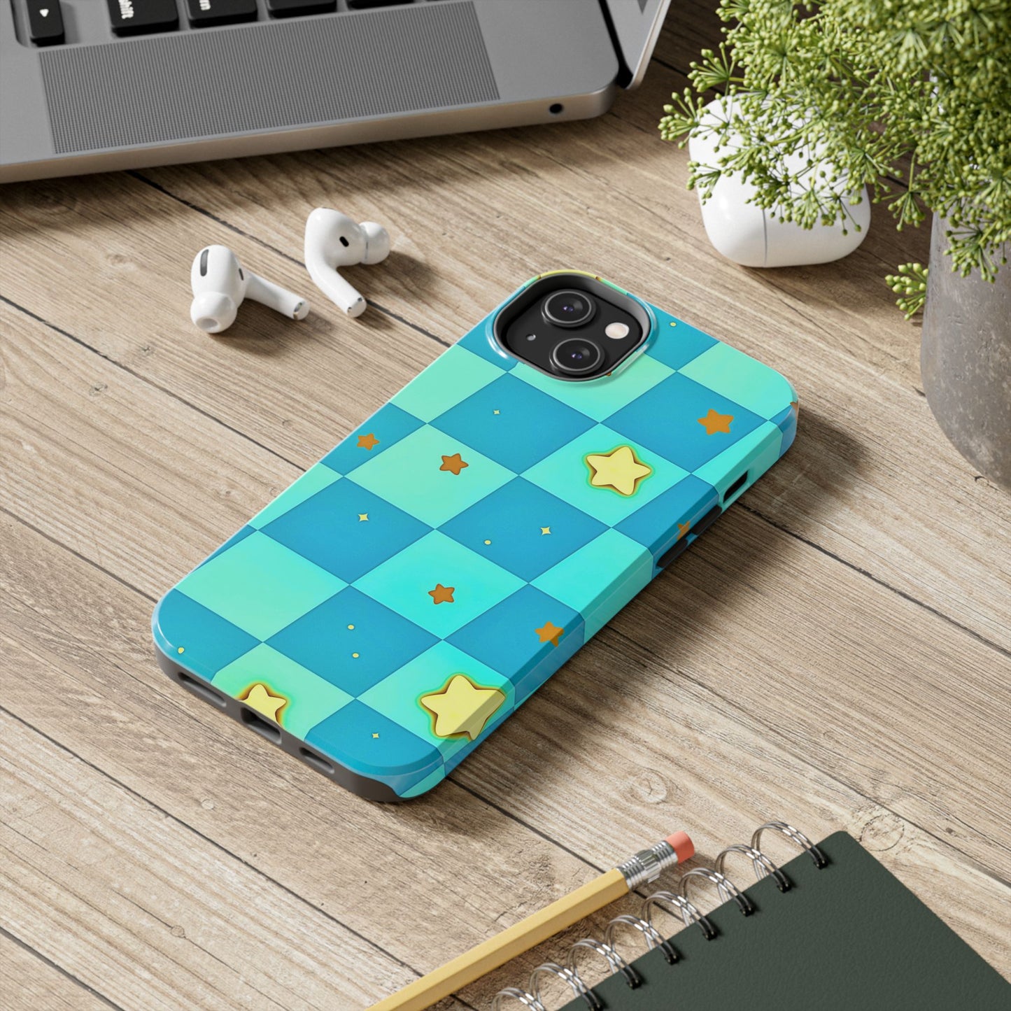 Vibrant Preppy Checkered Blue & Yellow Stars Tough Phone Case | Aesthetic