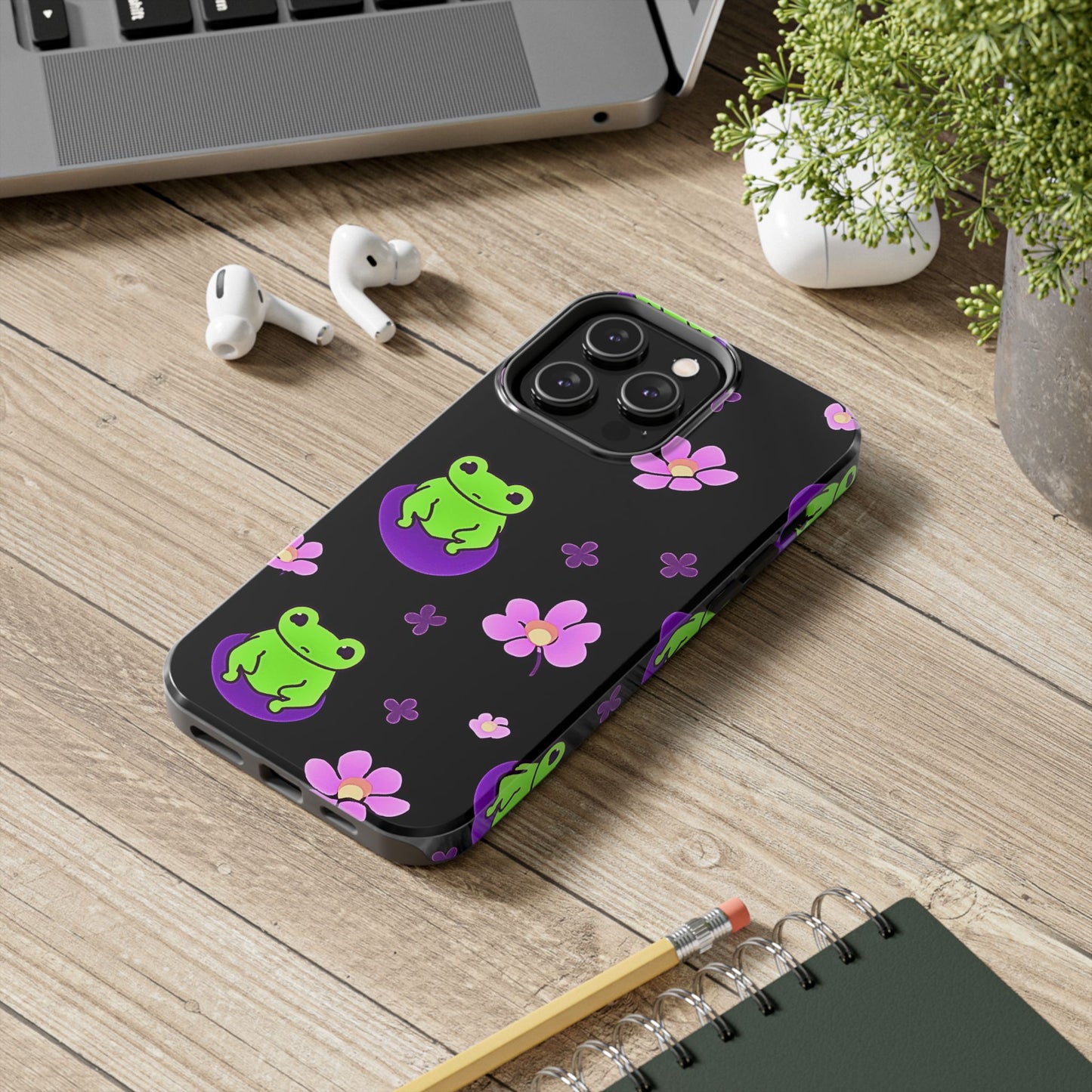 Cute Frog & Pink Flowers Pattern Style Tough Phone Case | Animals