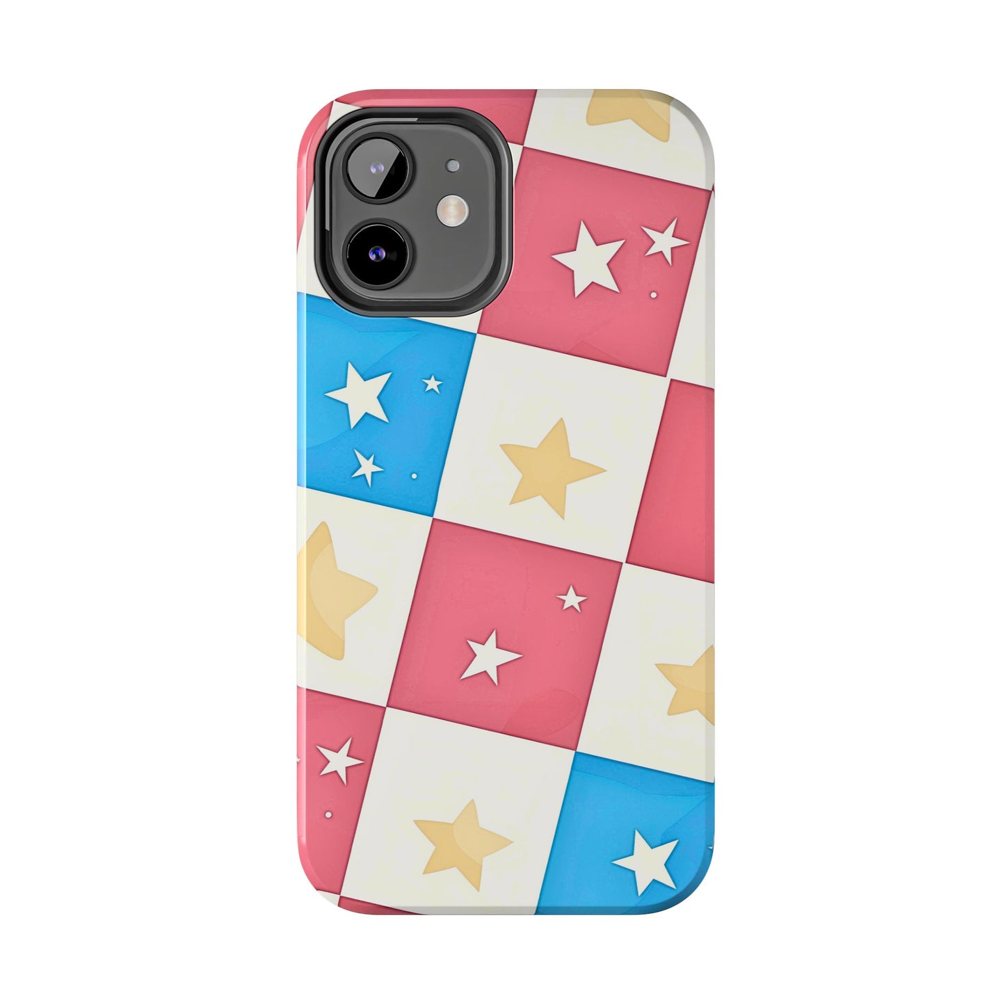 Preppy Checkered Pink & Blue Yellow Stars Tough Phone Case | Aesthetic