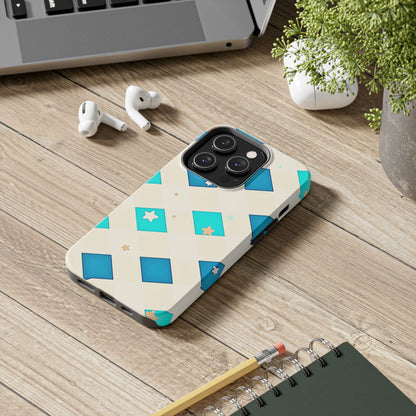 Modern Preppy Checkered Teal Stars Tough Phone Case | Aesthetic