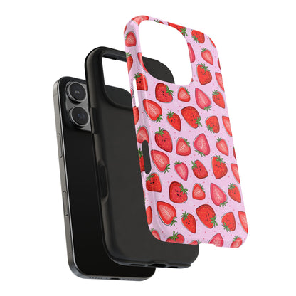 Kawaii Strawberry Cartoon Pattern Pink Aesthetic Tough Phone Case | Food