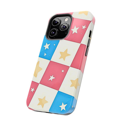 Preppy Checkered Pink & Blue Yellow Stars Tough Phone Case | Aesthetic
