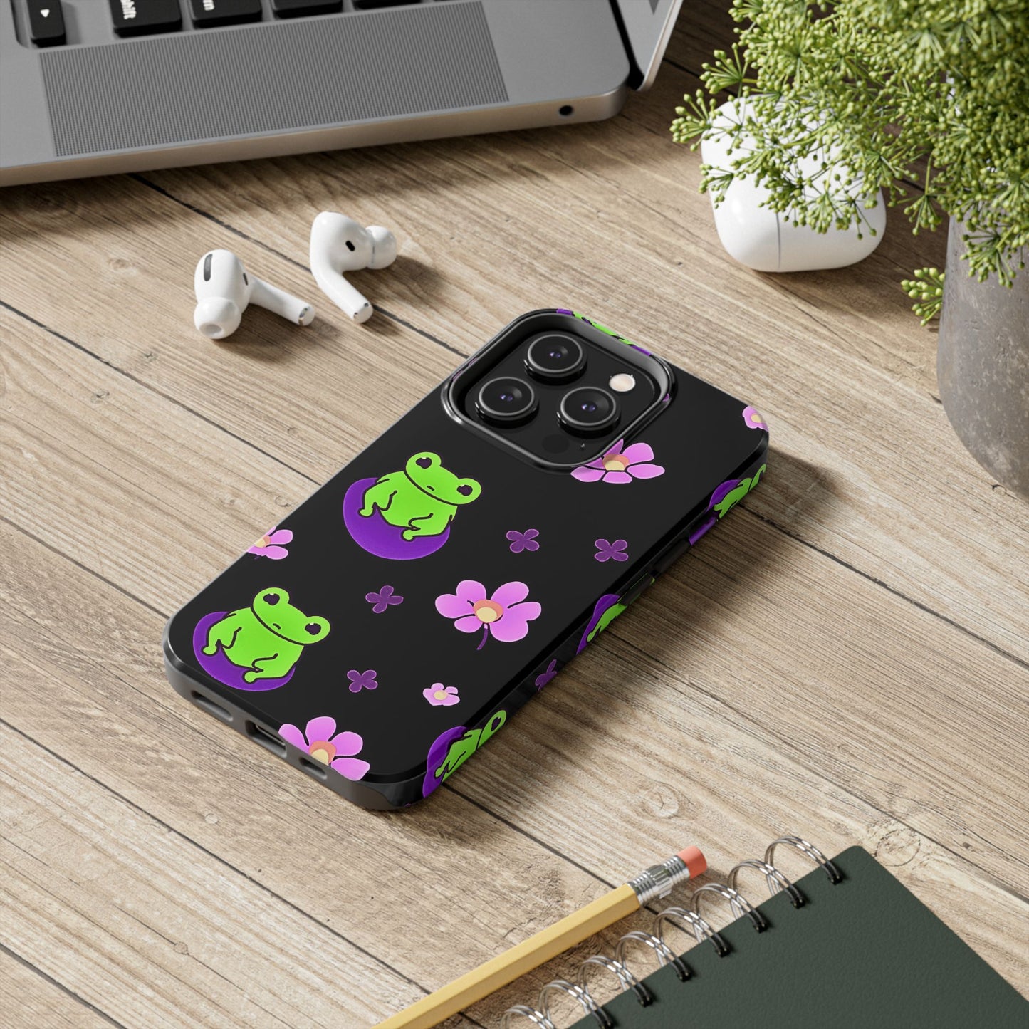 Cute Frog & Pink Flowers Pattern Style Tough Phone Case | Animals
