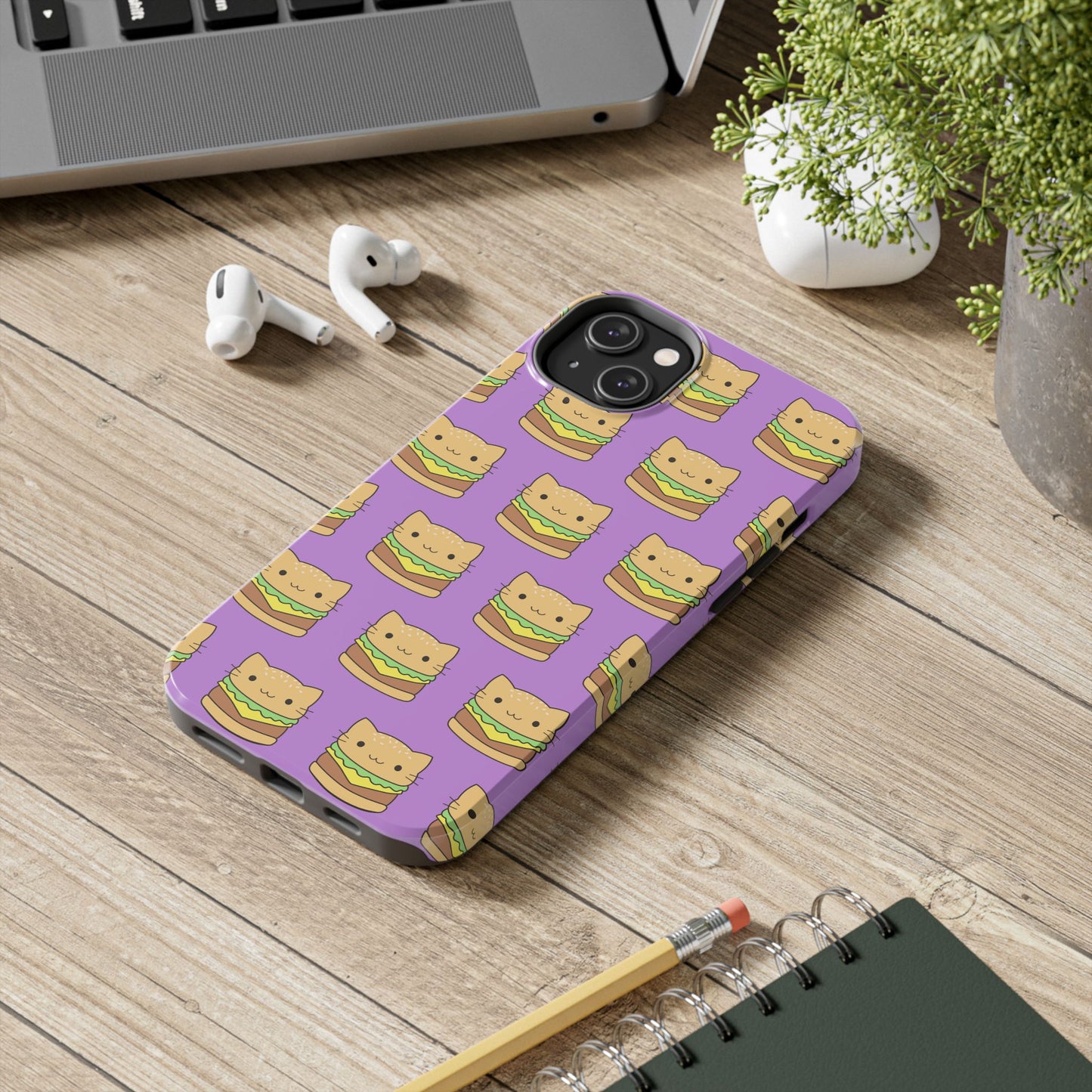 Kawaii Cat Burger Pattern Purple Background Cute Tough Phone Case | Food