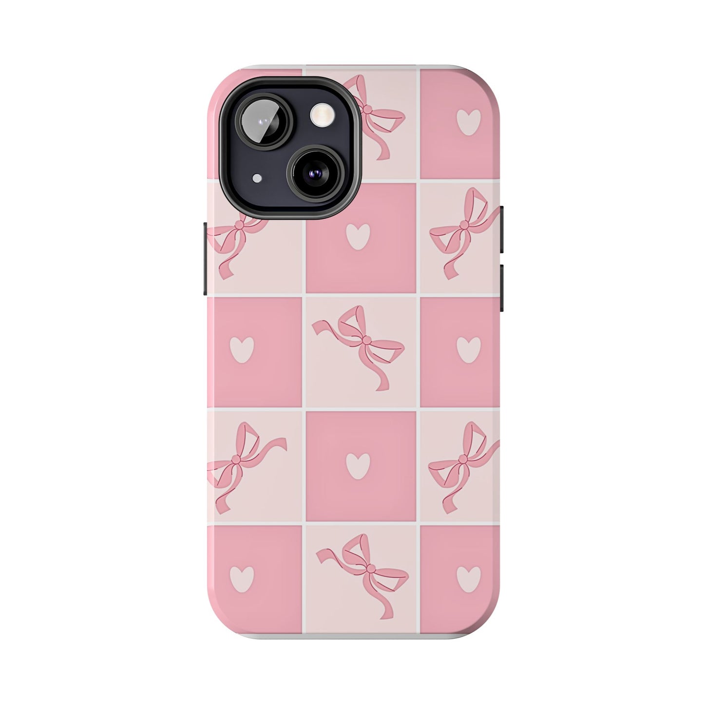 Girly Pink Bow and Heart Grid Pastel Tough Phone Case | Aesthetic