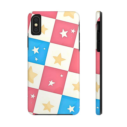 Preppy Checkered Pink & Blue Yellow Stars Tough Phone Case | Aesthetic