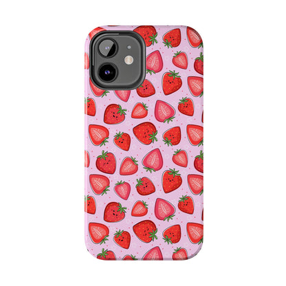 Kawaii Strawberry Cartoon Pattern Pink Aesthetic Tough Phone Case | Food
