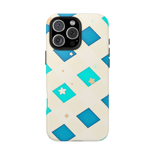 Modern Preppy Checkered Teal Stars Tough Phone Case | Aesthetic