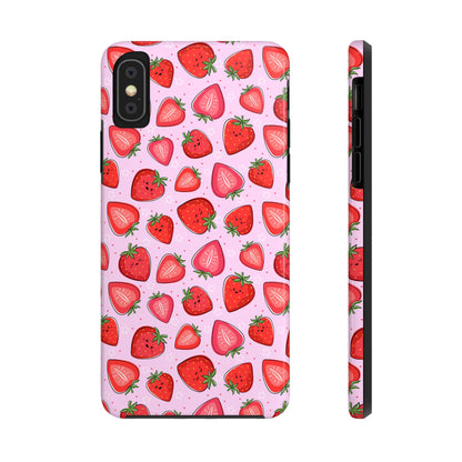 Kawaii Strawberry Cartoon Pattern Pink Aesthetic Tough Phone Case | Food