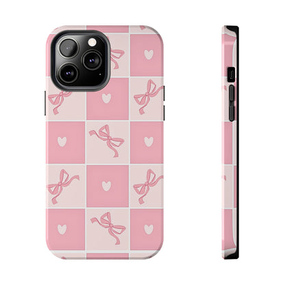 Girly Pink Bow and Heart Grid Pastel Tough Phone Case | Aesthetic