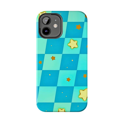 Vibrant Preppy Checkered Blue & Yellow Stars Tough Phone Case | Aesthetic