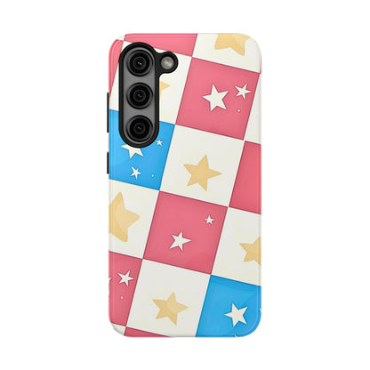 Preppy Checkered Pink & Blue Yellow Stars Tough Phone Case | Aesthetic