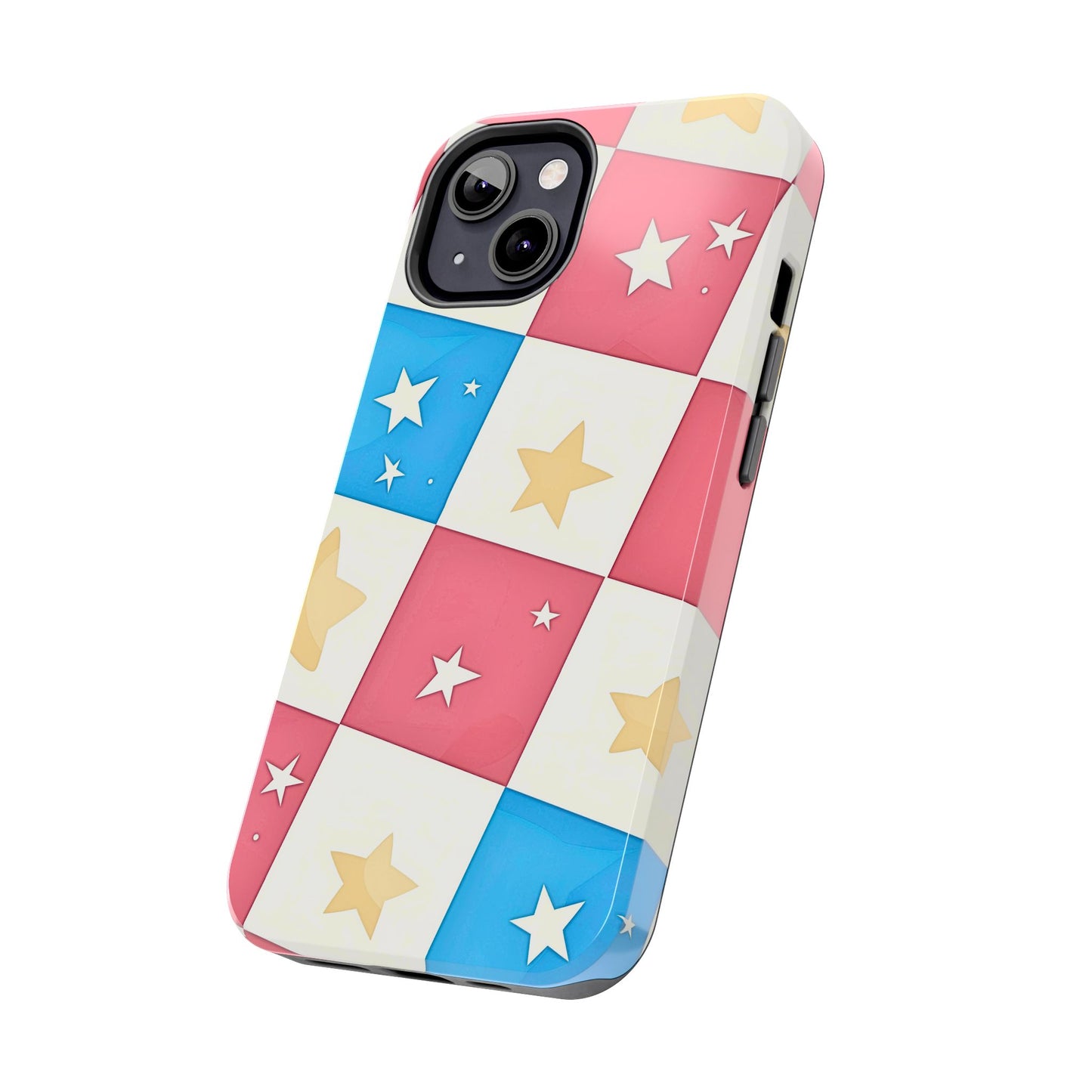 Preppy Checkered Pink & Blue Yellow Stars Tough Phone Case | Aesthetic