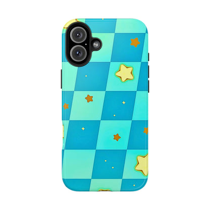Vibrant Preppy Checkered Blue & Yellow Stars Tough Phone Case | Aesthetic