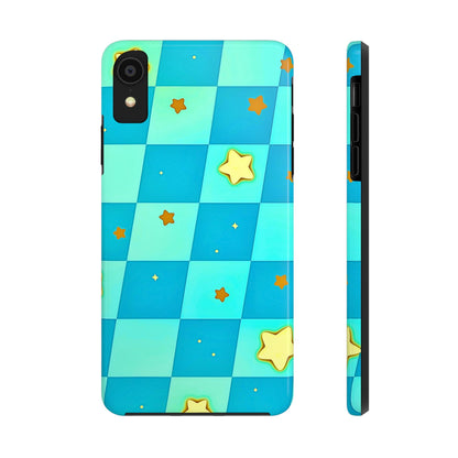 Vibrant Preppy Checkered Blue & Yellow Stars Tough Phone Case | Aesthetic