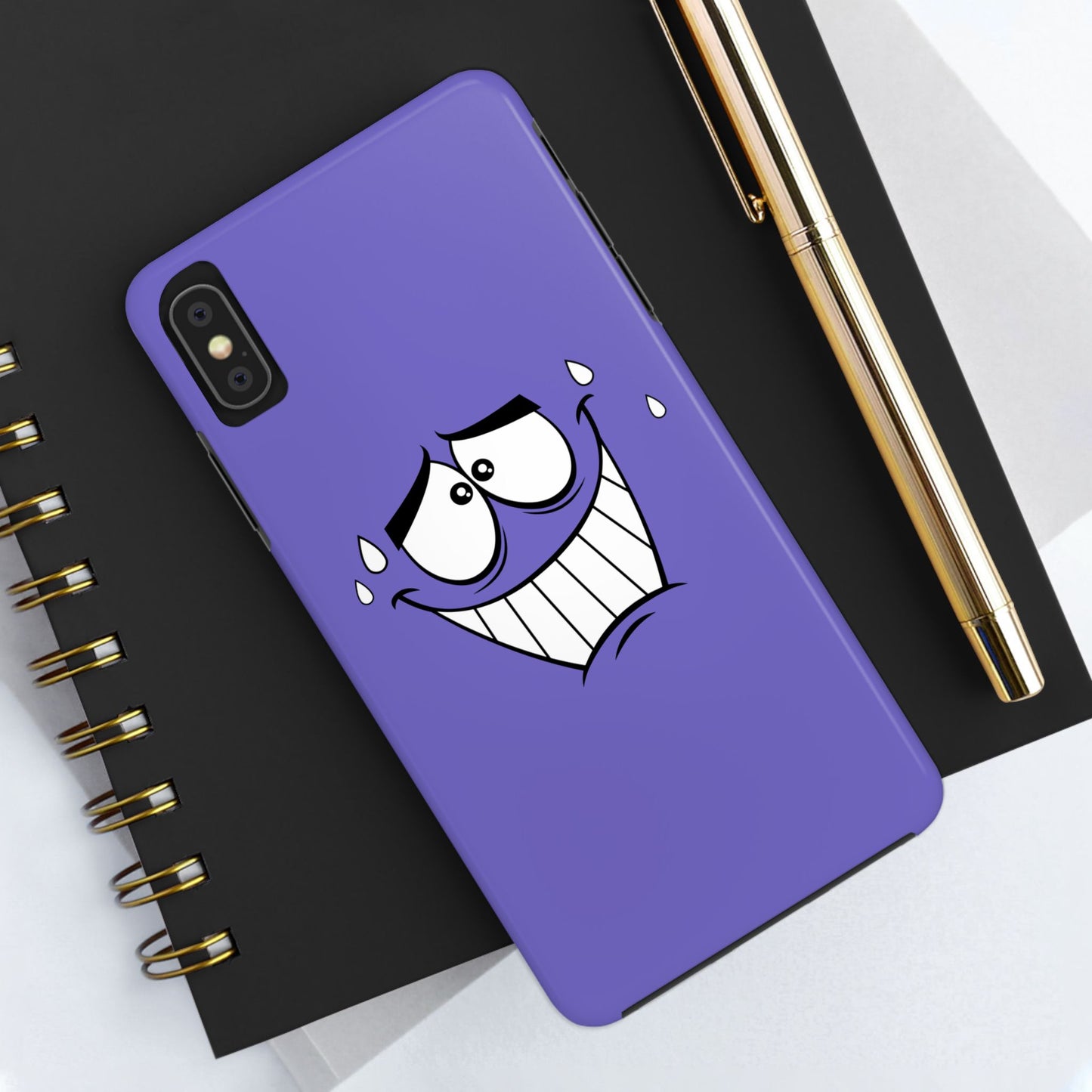 Awkward Nervous Cartoon Face Purple Background Tough Phone Case | Funny