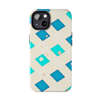 Modern Preppy Checkered Teal Stars Tough Phone Case | Aesthetic