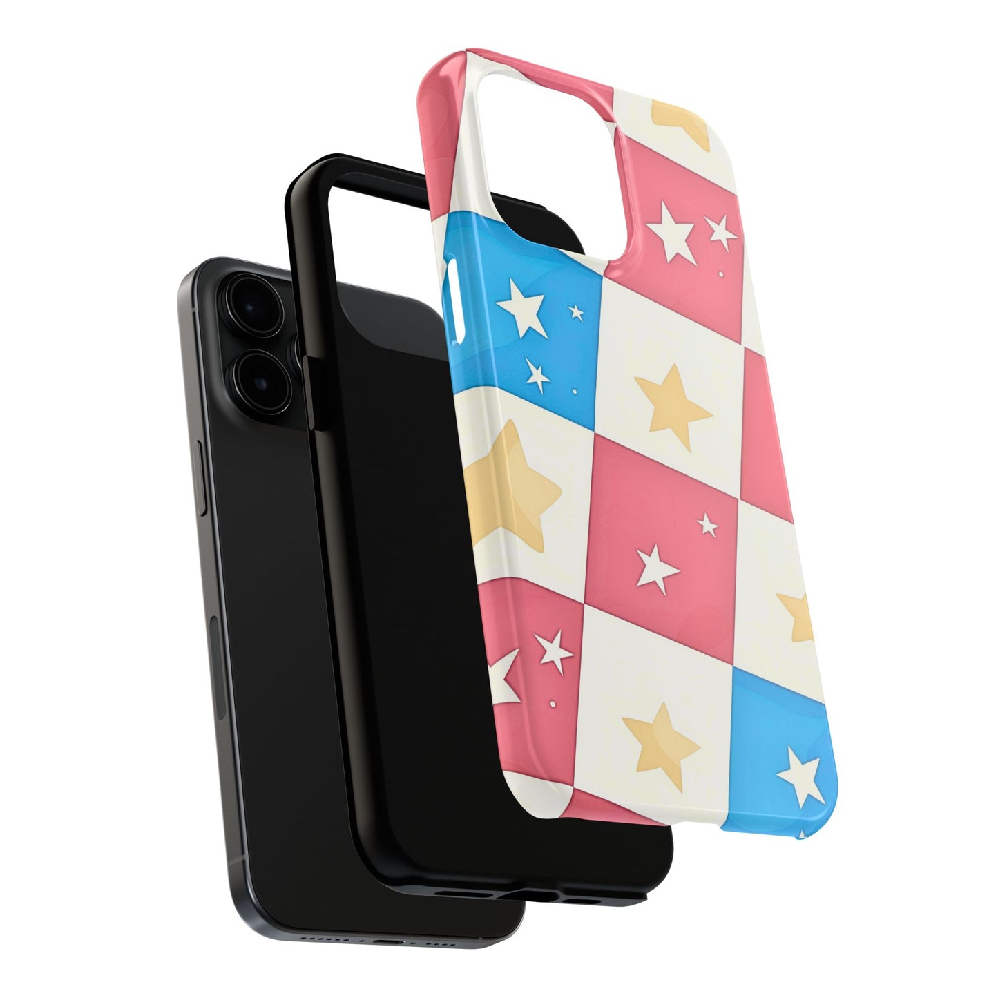 Preppy Checkered Pink & Blue Yellow Stars Tough Phone Case | Aesthetic