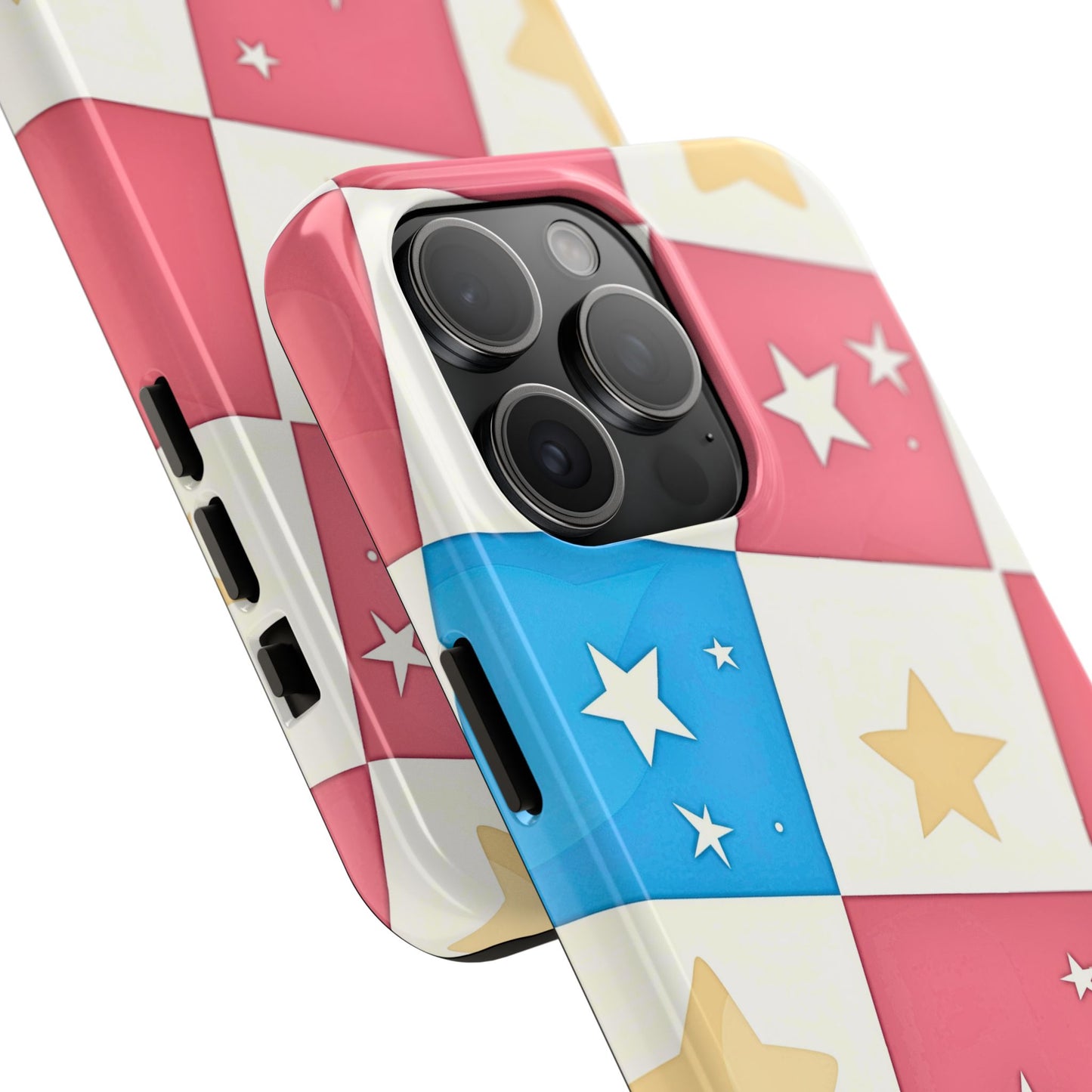 Preppy Checkered Pink & Blue Yellow Stars Tough Phone Case | Aesthetic