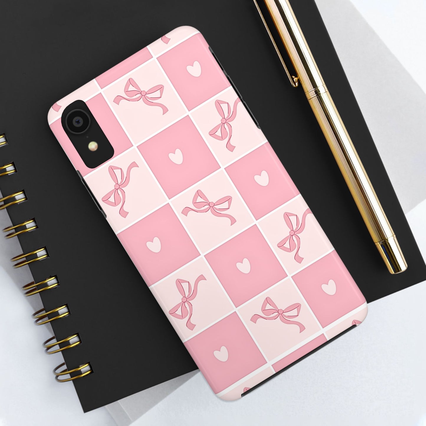 Girly Pink Bow and Heart Grid Pastel Tough Phone Case | Aesthetic