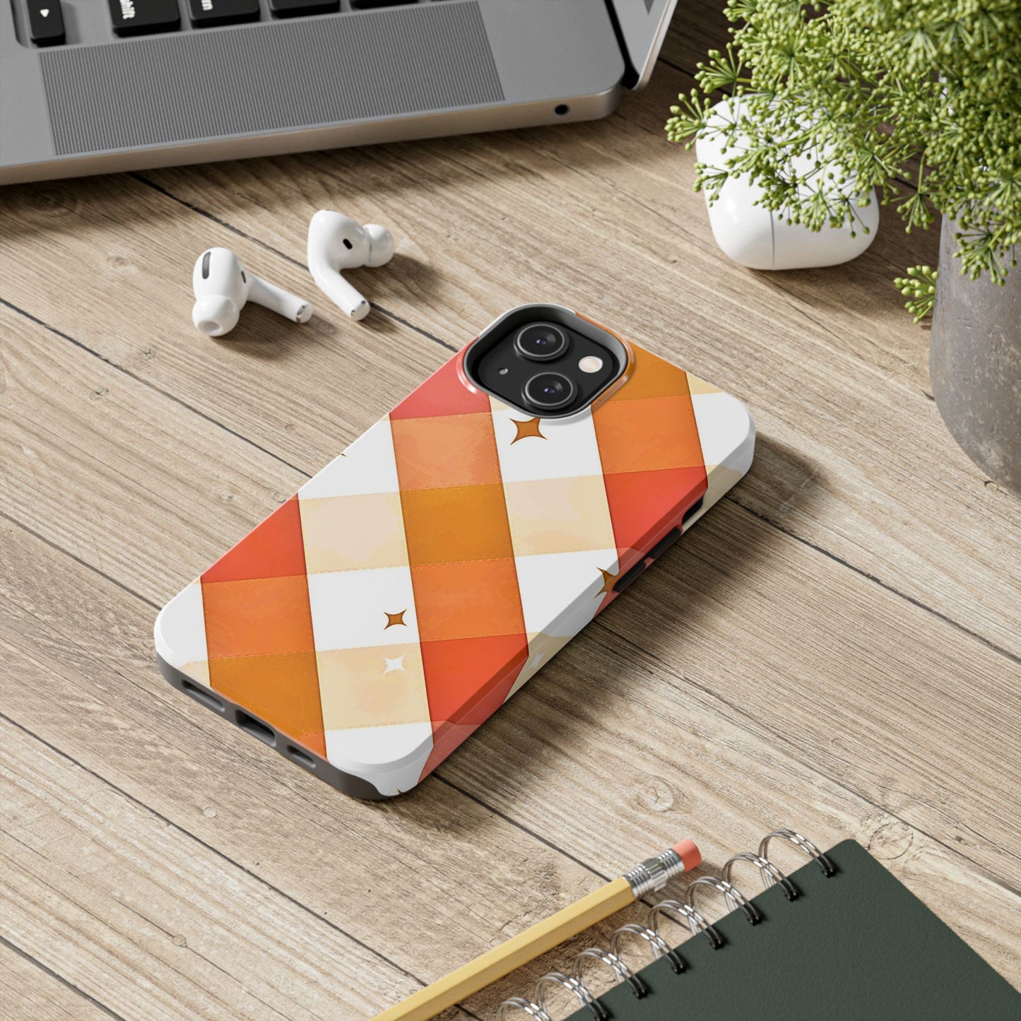 Pastel Orange & Pink Checkered Stars Tough Phone Case | Aesthetic