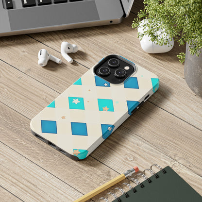 Modern Preppy Checkered Teal Stars Tough Phone Case | Aesthetic